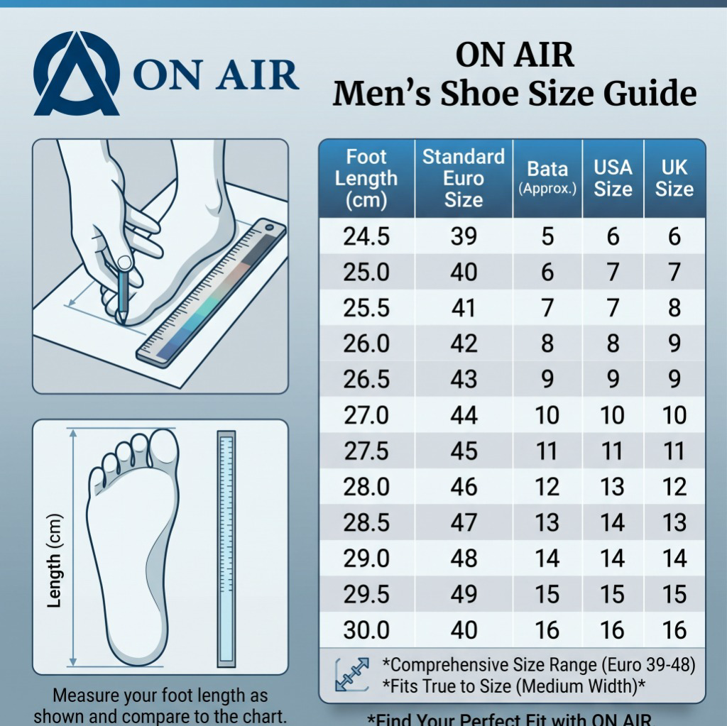 ON AIR Men's Shoe Size Guide // Standard Euro, Bata, USA & UK Footwear Sizing Matrix